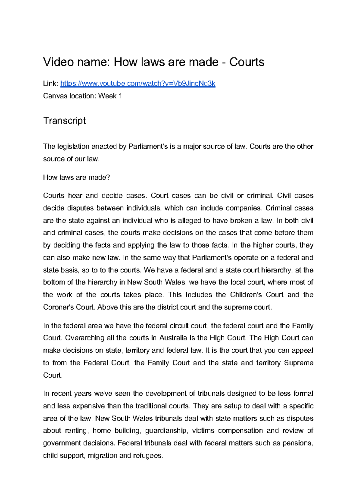 LAW2447 Law) W1 How laws are made Courts Video name