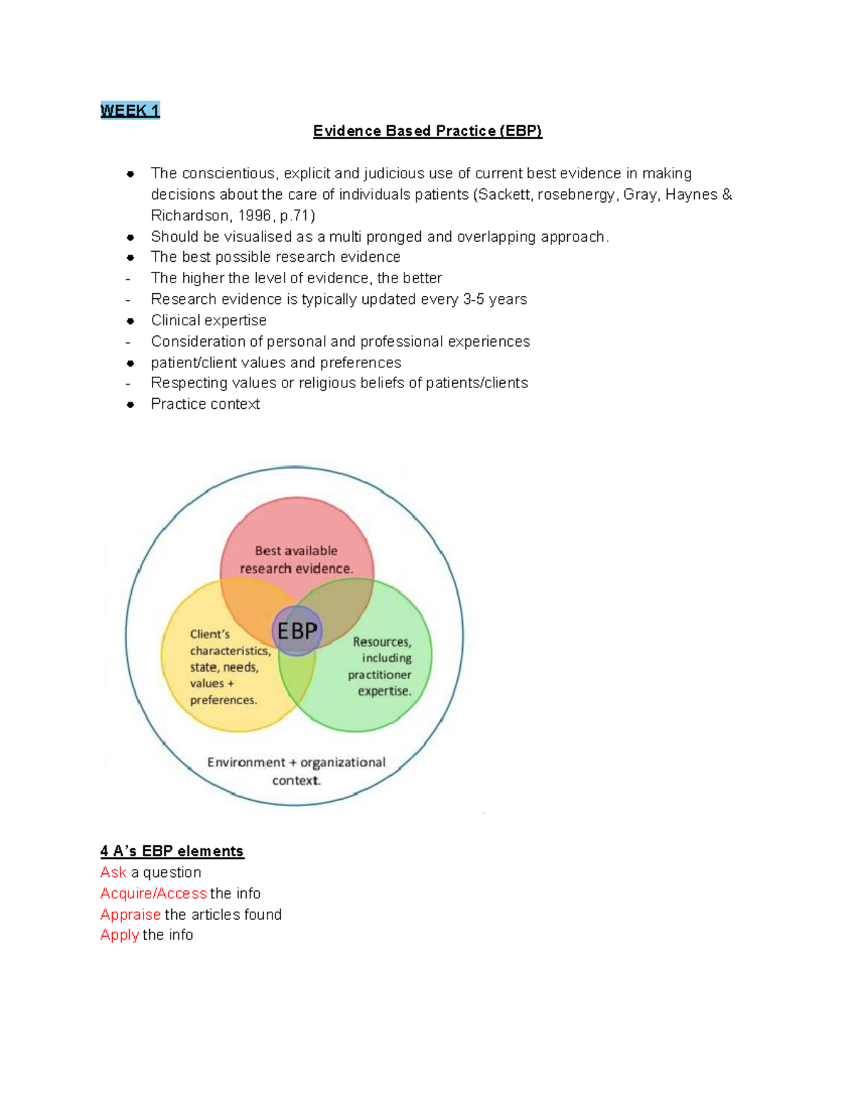 Weekly Lectures Tutorial Notes - WEEK 1 Evidence Based Practice (EBP ...