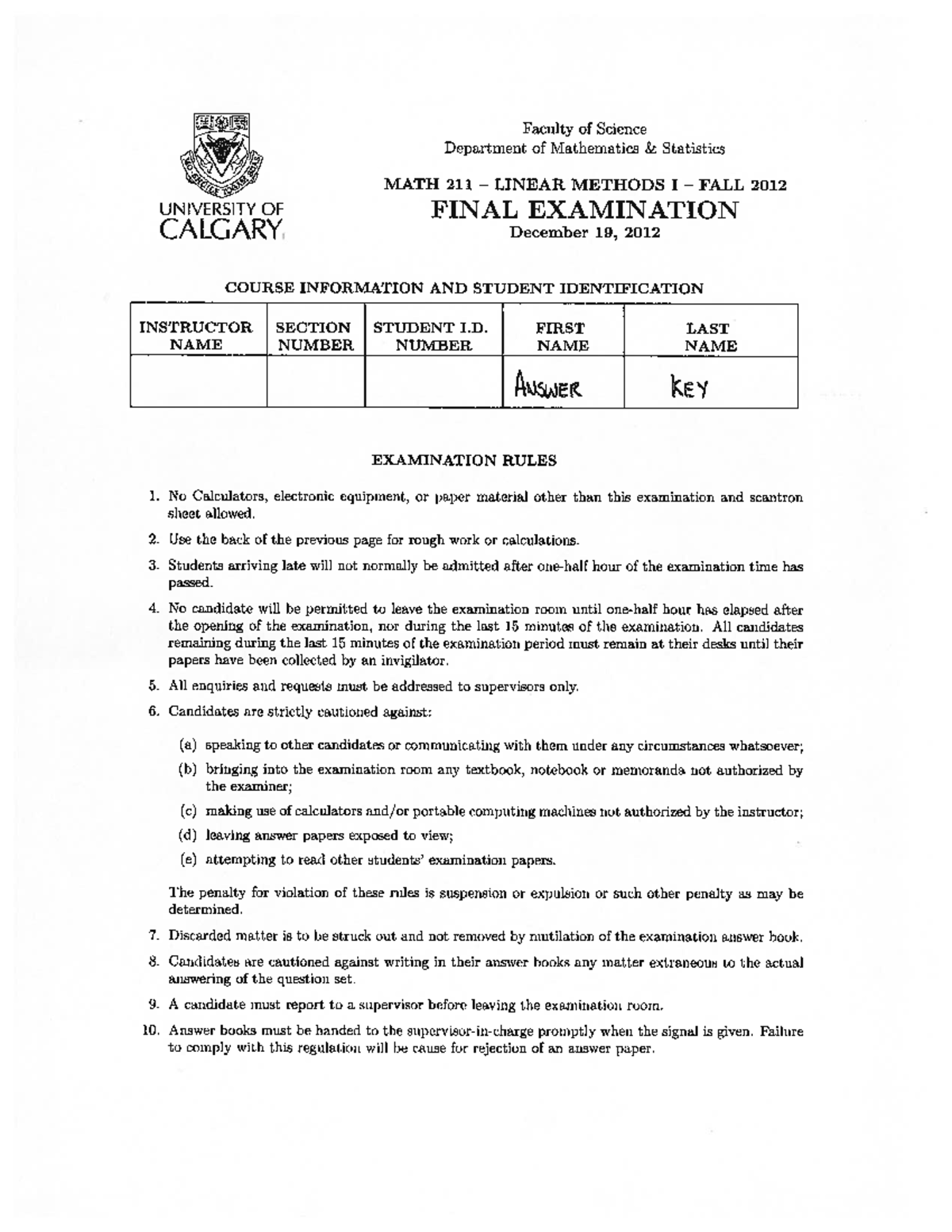 Exam 9 December 2012, questions and answers - Final exam - MATH 211 ALL ...