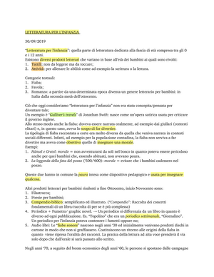 Prof. Meda - appunti LETTERATURA PER L'INFANZIA - LETTERATURA PER L'INFANZIA  30/09/ “Letteratura per - Studocu