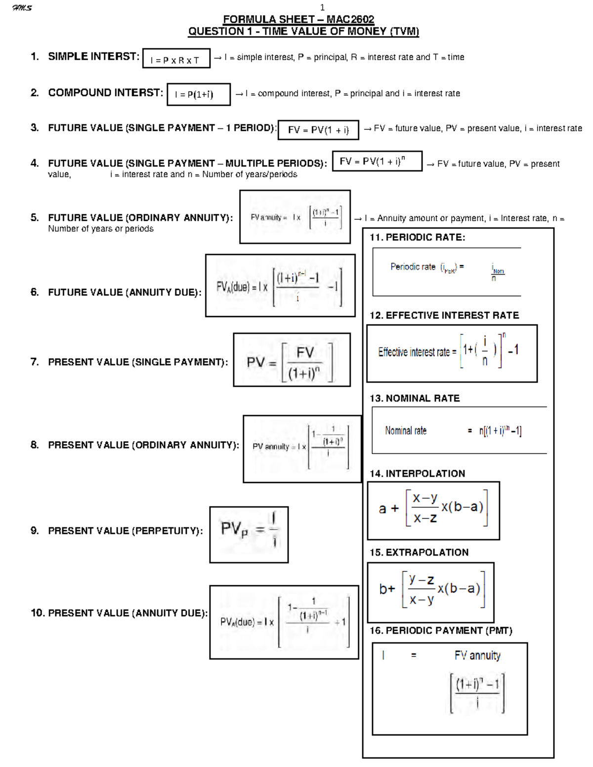 MAC2602 Formula Sheet MAC2602 FORMULA SHEET MAC QUESTION 1 TIME 