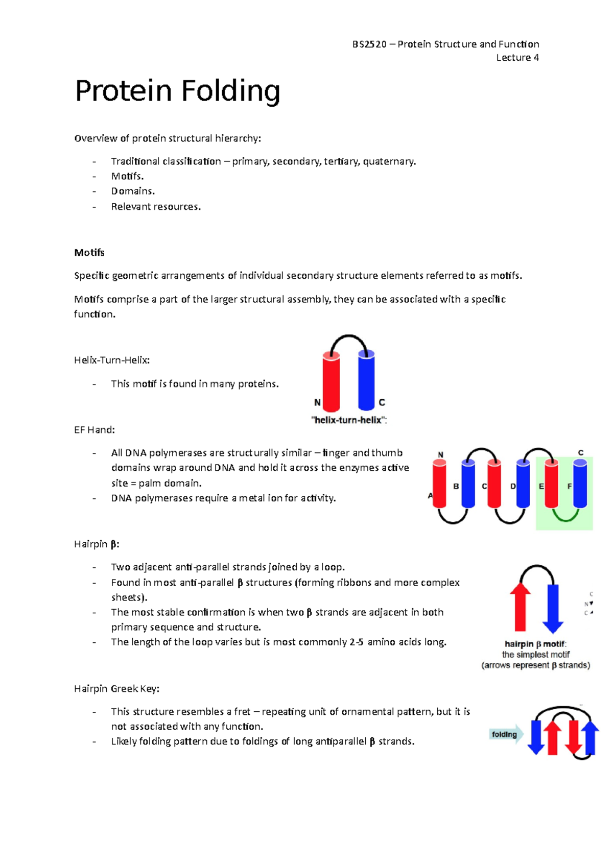 4 - Protein Folding - Lecture notes 4 - BS2520 – Protein Structure and ...