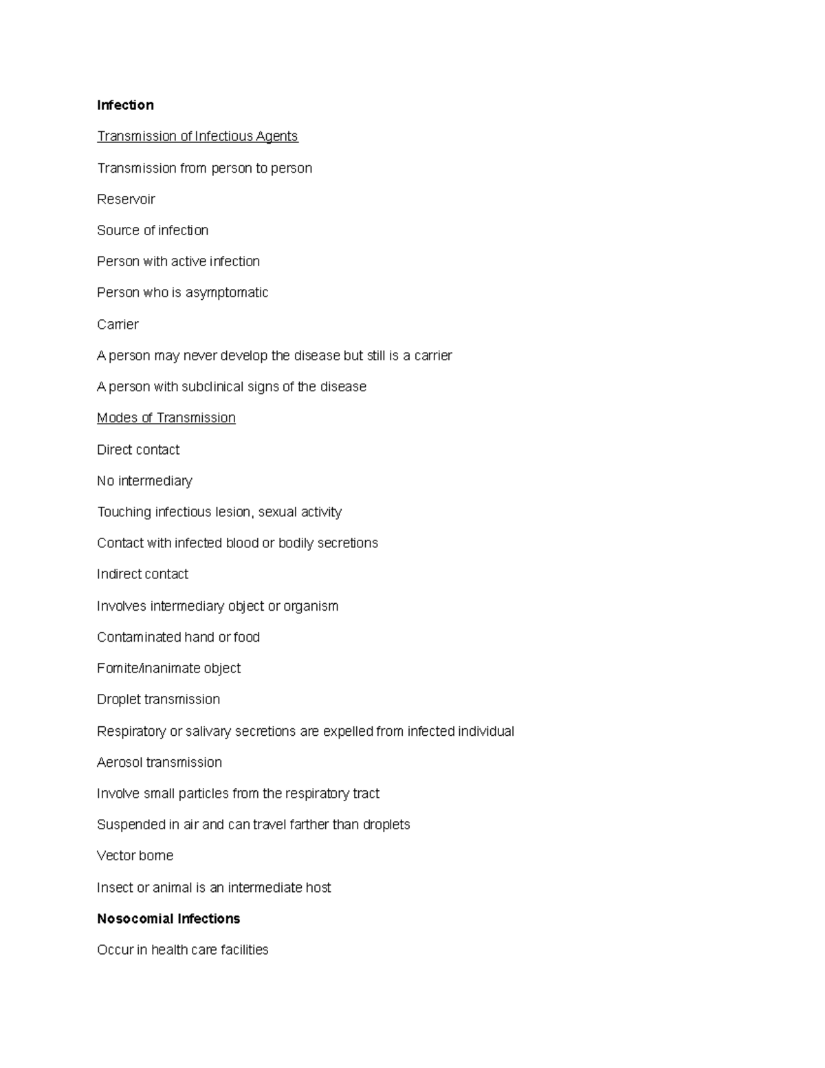 Infection lecture notes from class - Infection Transmission of ...