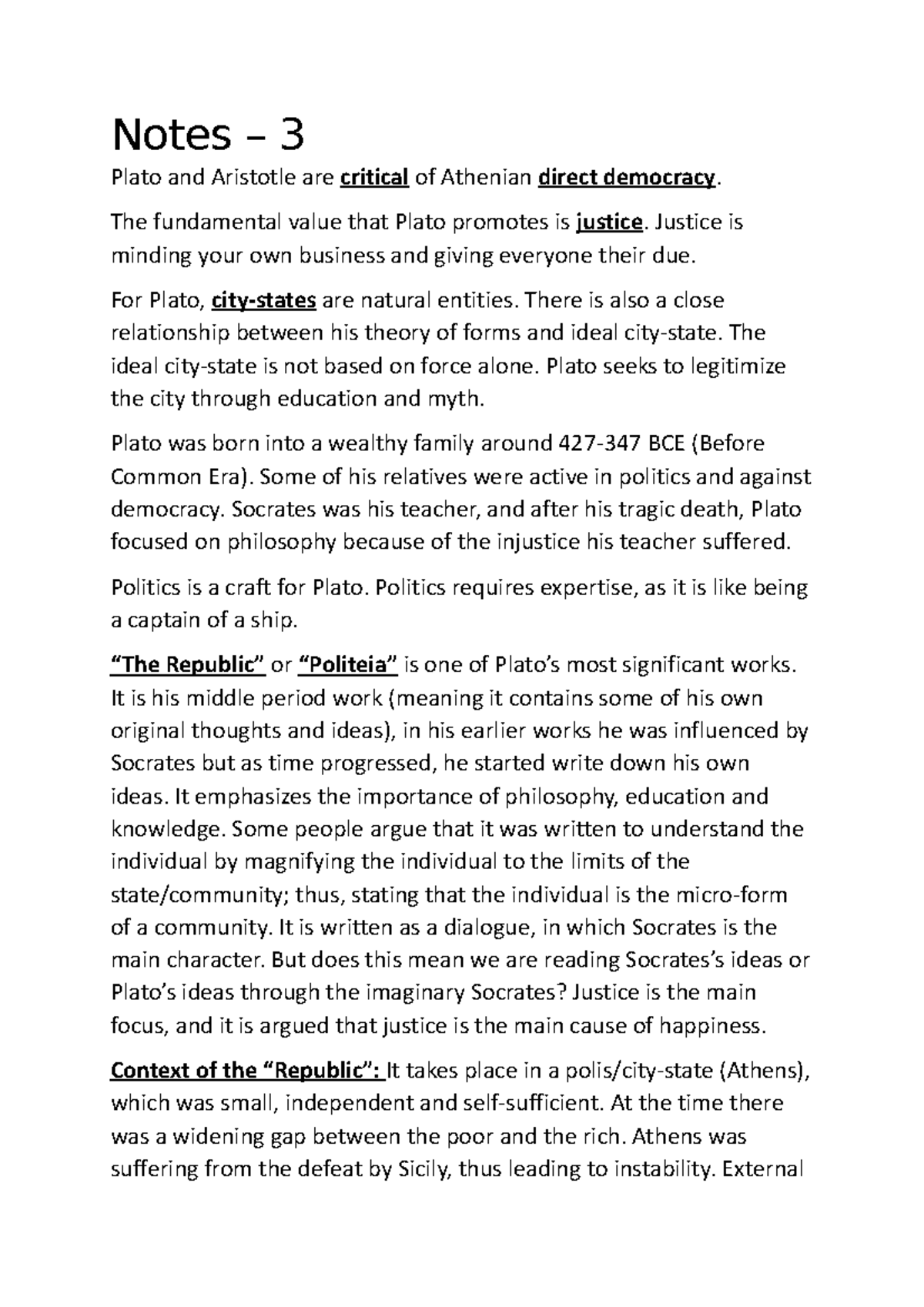 Notes - 3 - Notes – 3 Plato and Aristotle are critical of Athenian ...