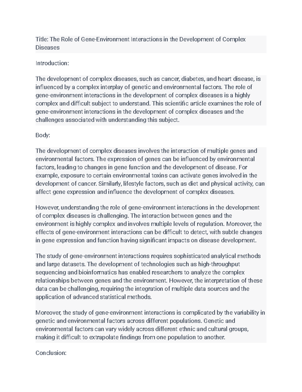 A scientific article for Ecology of Health and Disease BIOL 370 on the ...