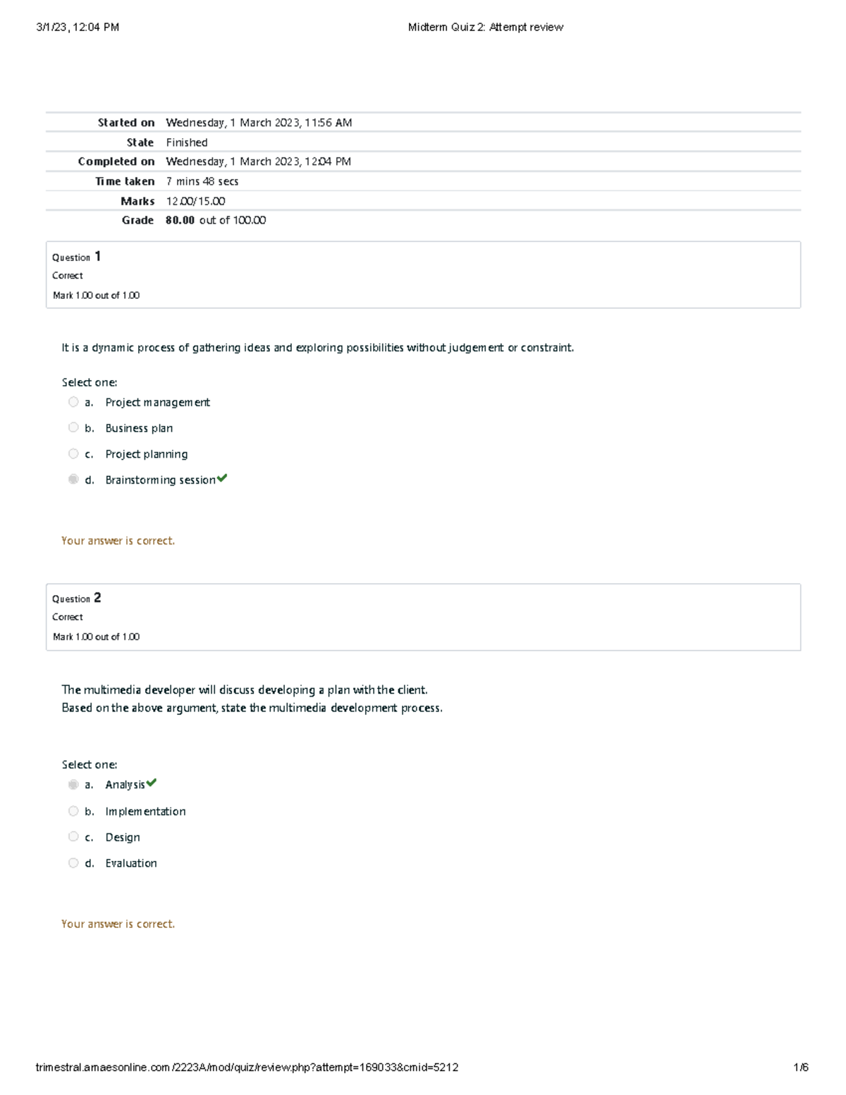 Midterm Quiz 2 Attempt review - Started on Wednesday, 1 March 2023, 11: ...