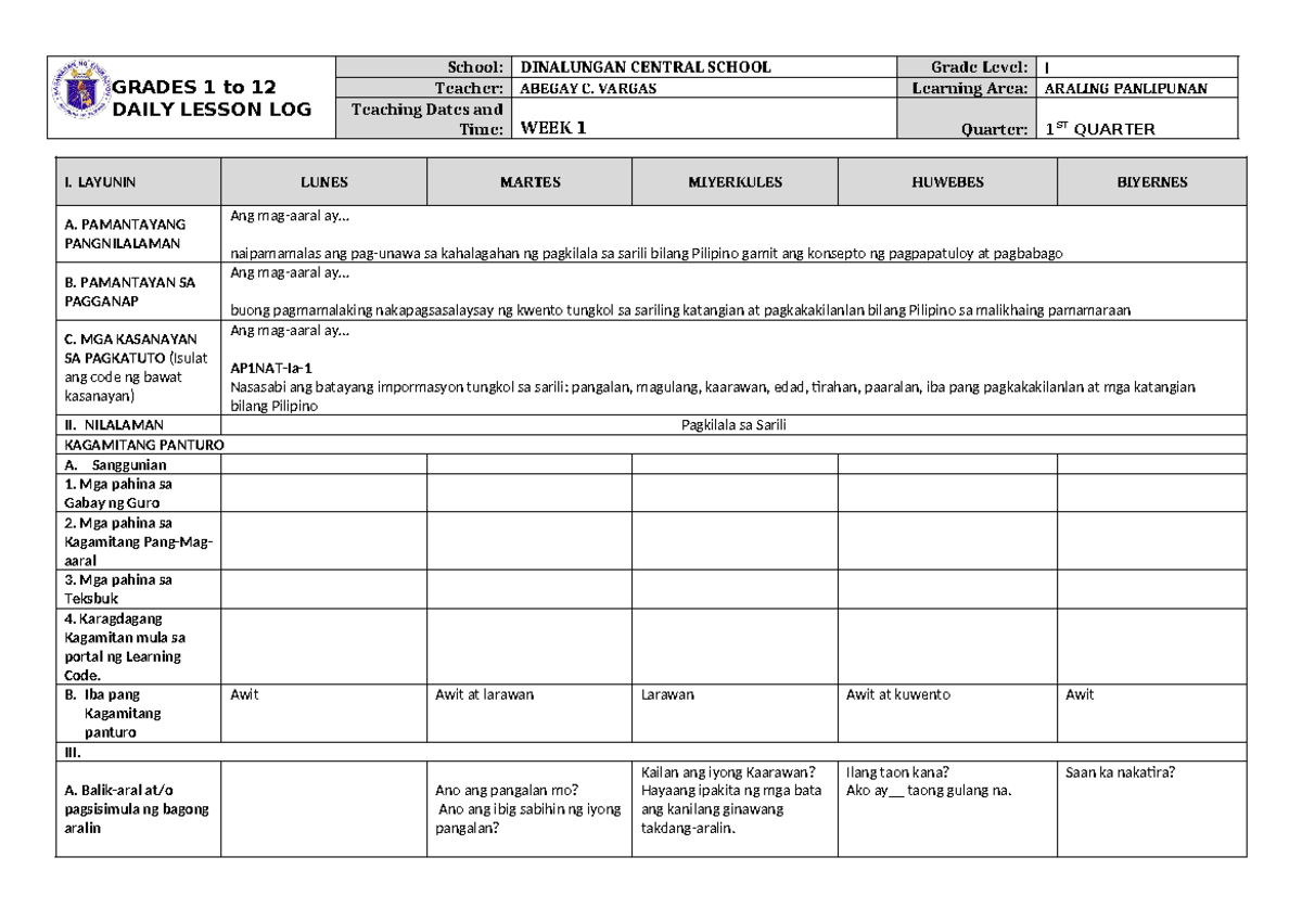 DLL Araling Panlipunan 1 Q1 W1 - GRADES 1 to 12 DAILY LESSON LOG School ...