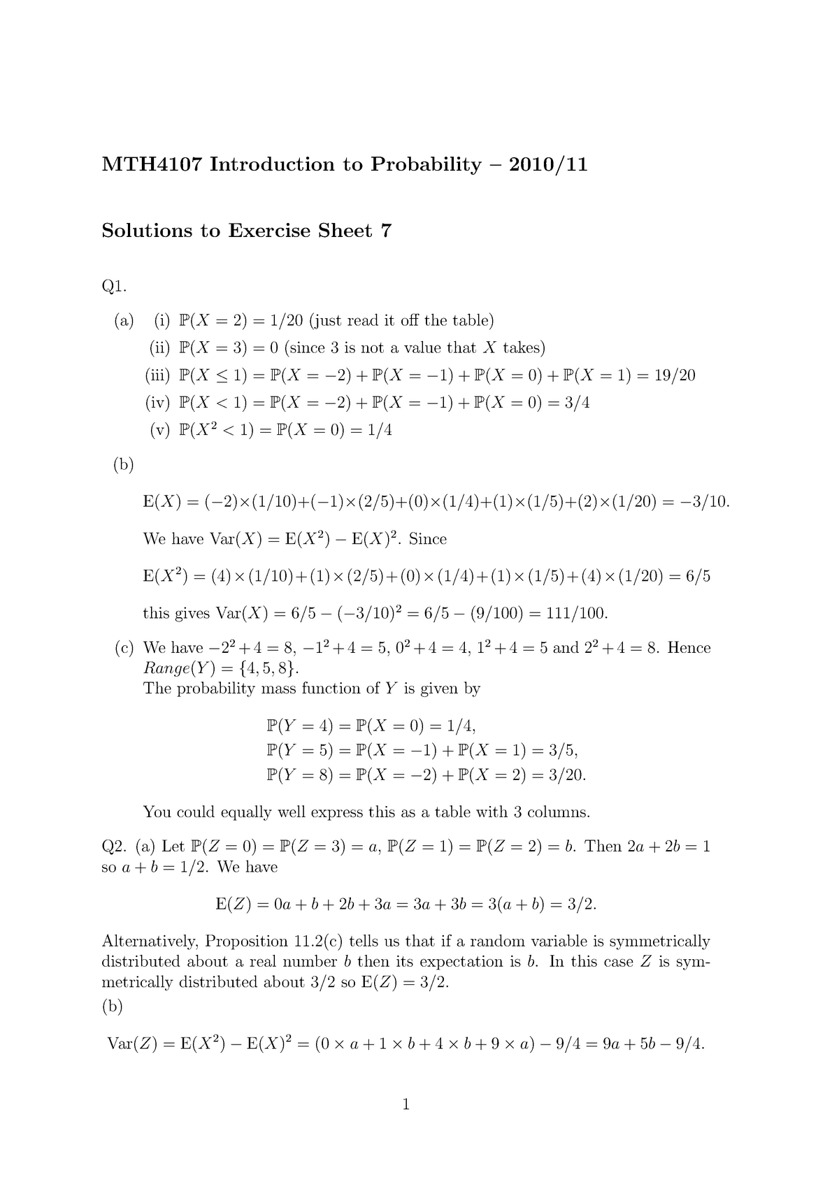 Exercise Sheet 7 Solutions Mth4107 Introduction To Probability 10 11 Solutions To Exercise Sheet Q1 Just Read It Off The Table Ii Since Is Not Value That Studocu
