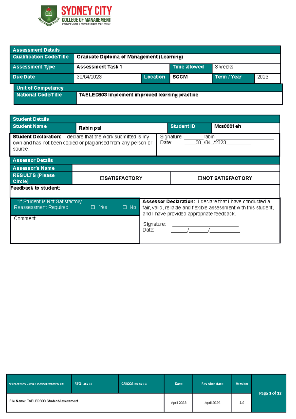 Taeled 803 Student Assessment Tasks 1 (1) rabin mcs0001eh - Assessment ...