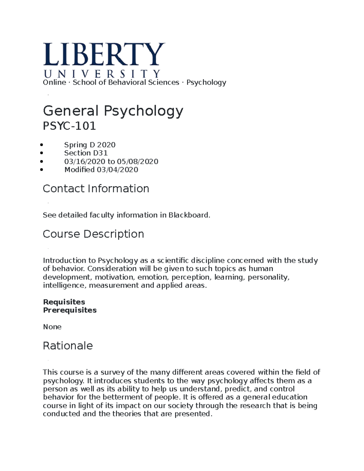 General Psychology - Online · School Of Behavioral Sciences ...