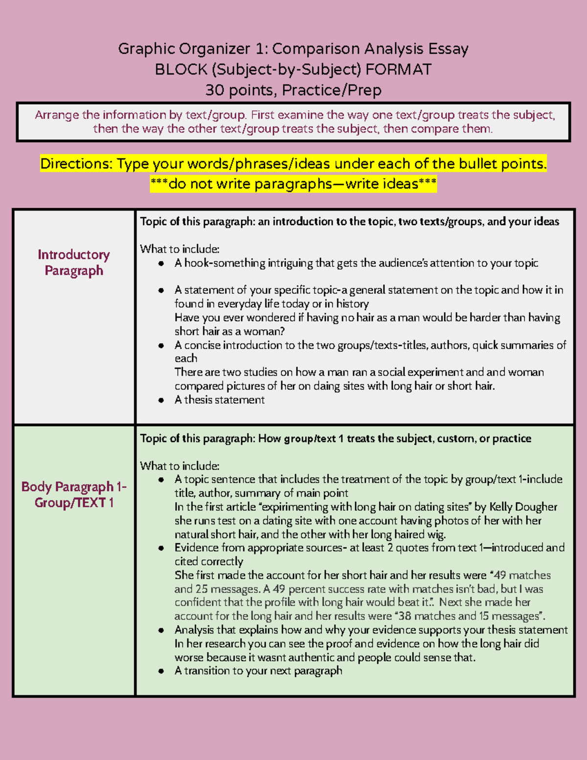 Copy of Graphic Organizer 1 - Block Subject-by-Subject (Hair Comparison ...