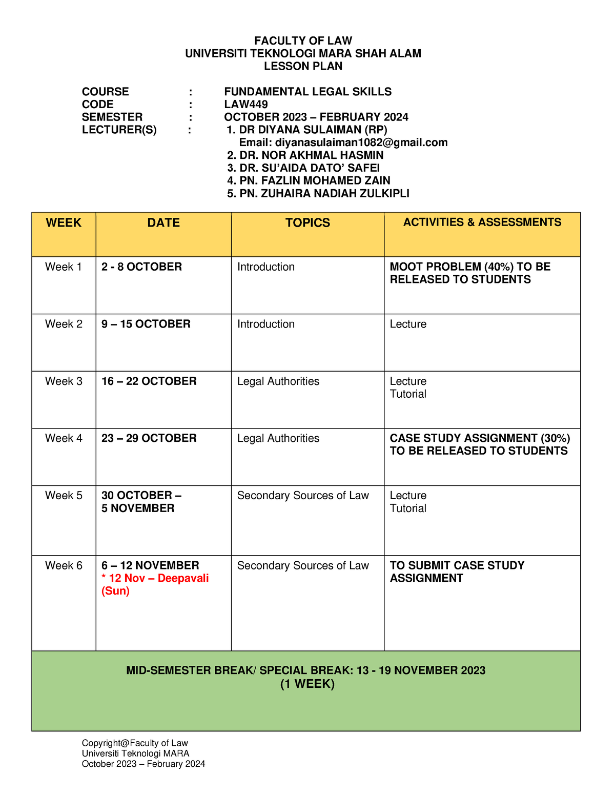Ui Tmlaw Lesson PLAN FOR SEM OCT 2023 - FEB 2024 LAW449 - Copyright ...