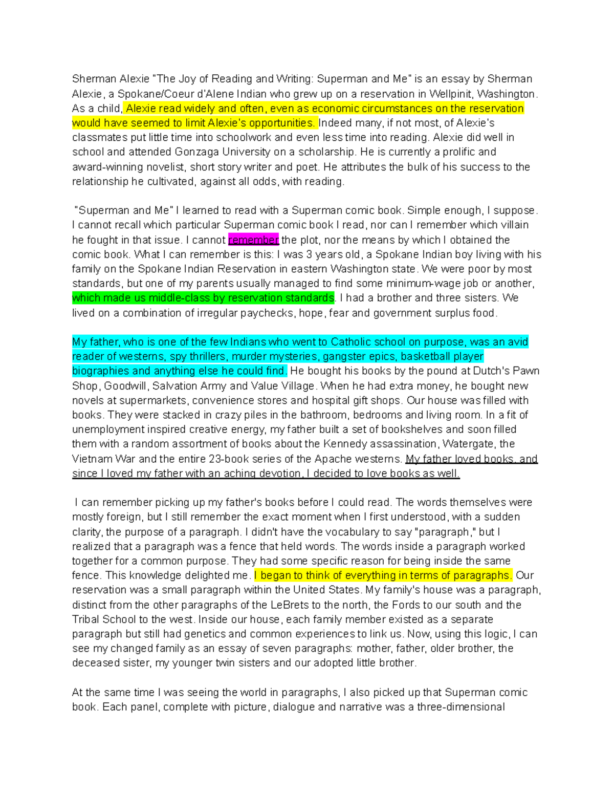 Superman and Me Annotations - Sherman Alexie “The Joy of Reading and ...