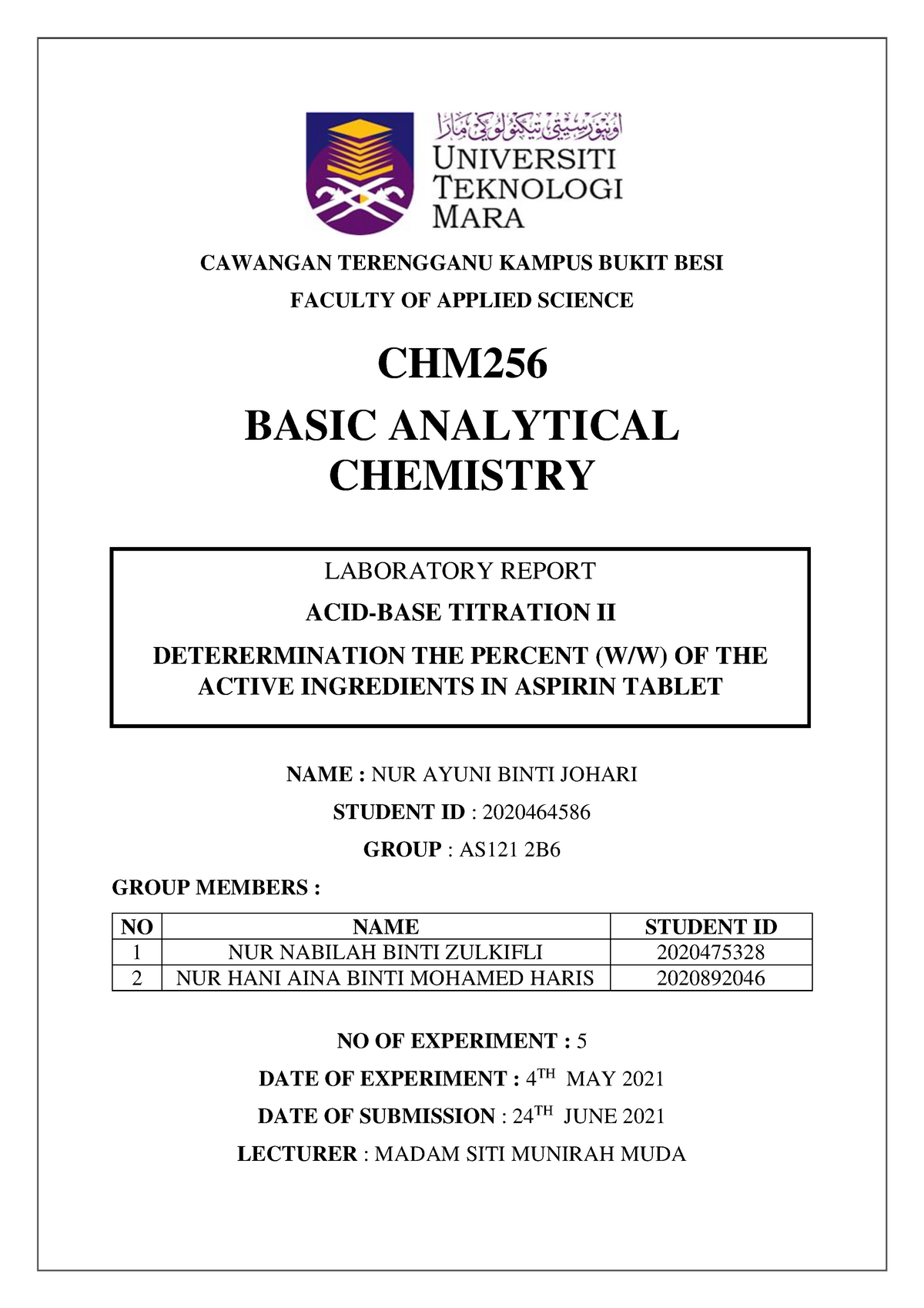 CHM256 LAB Report EXP 5 - OKAY - Basic Analytical Chemistry - UiTM ...