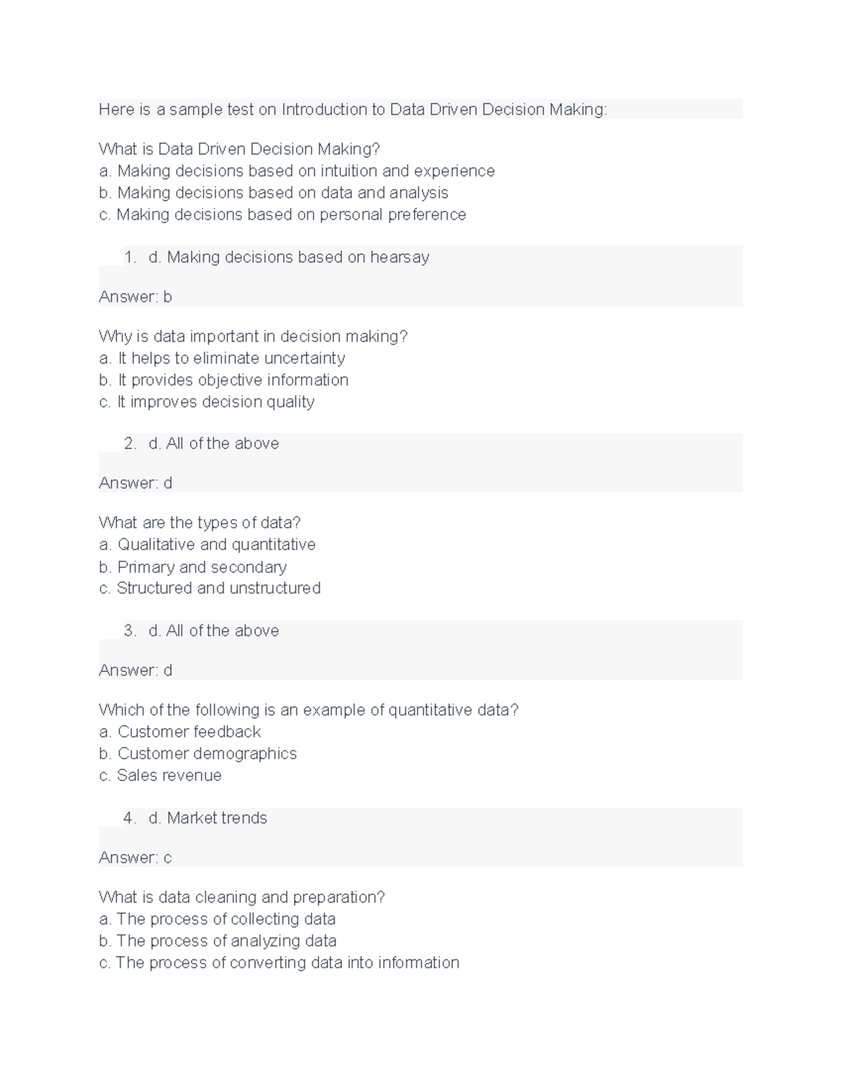 Test on data driven decision making - Here is a sample test on ...
