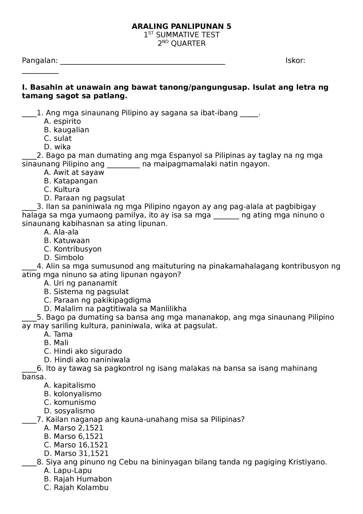 St Summative Test Q In Araling Panlipunan Part Worksheet Riset My XXX Hot Girl