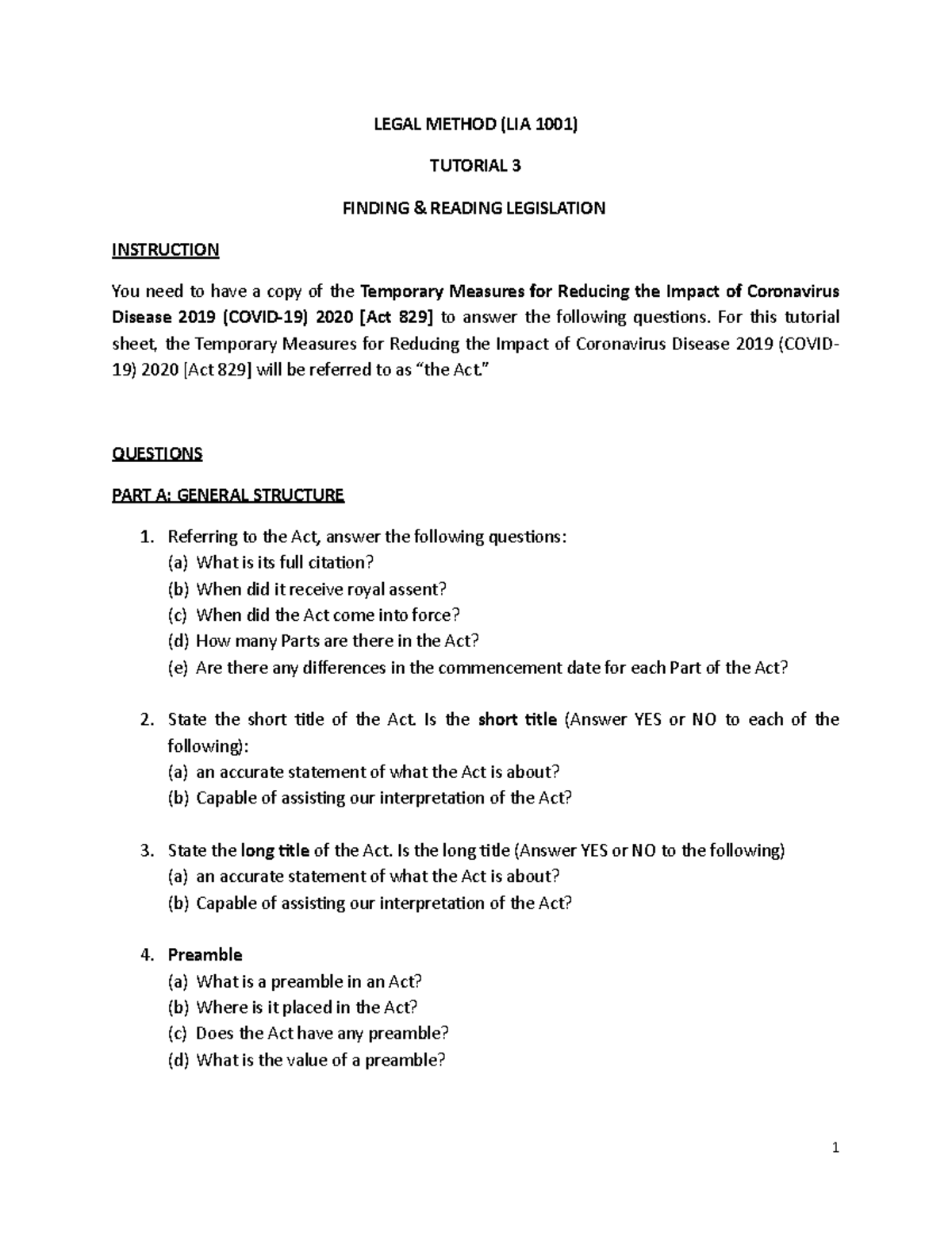 Tutorial 3 Finding and Reading Legislation - LEGAL METHOD (LIA 1001 ...