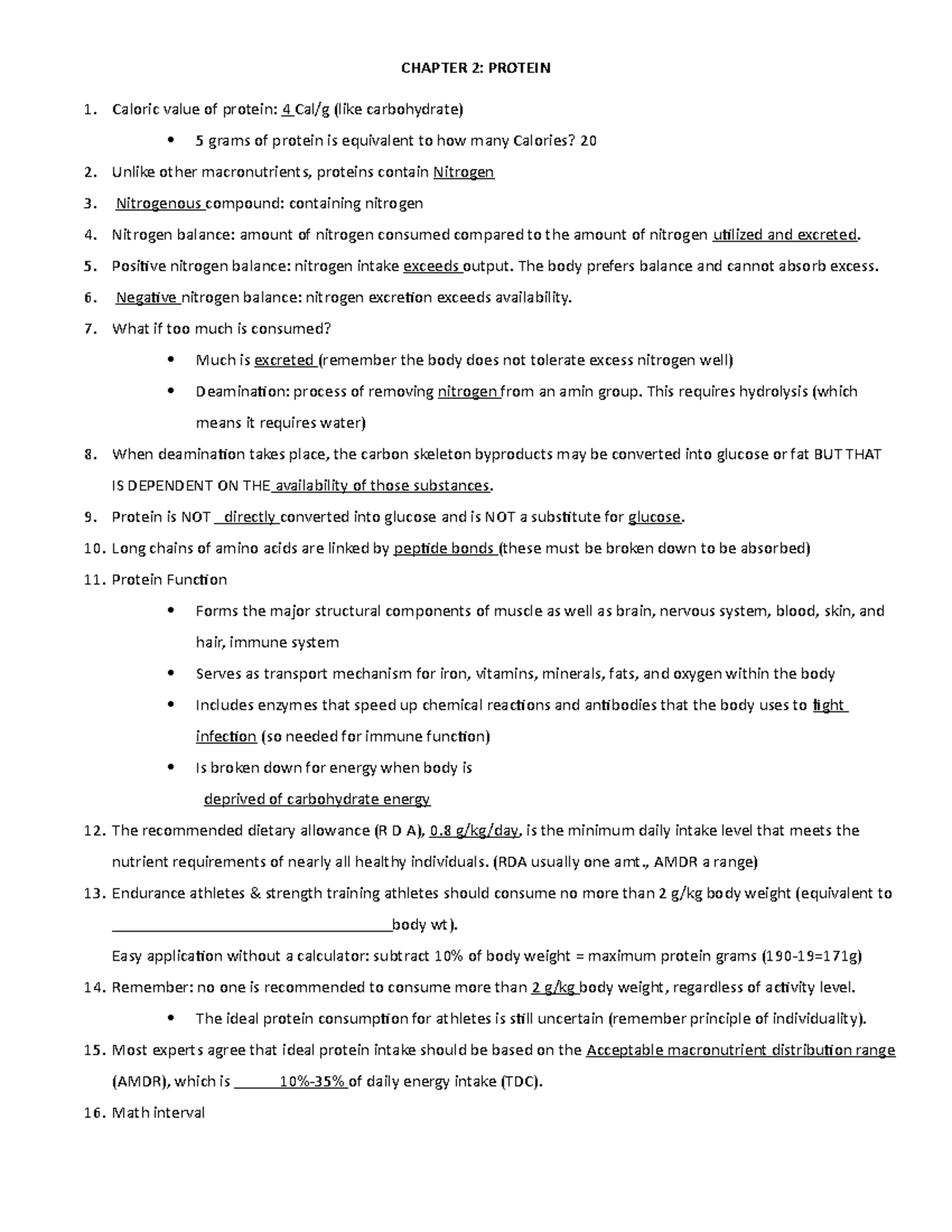 Chapter 2 - Lecture notes 2 - CHAPTER 2: PROTEIN Caloric value of ...