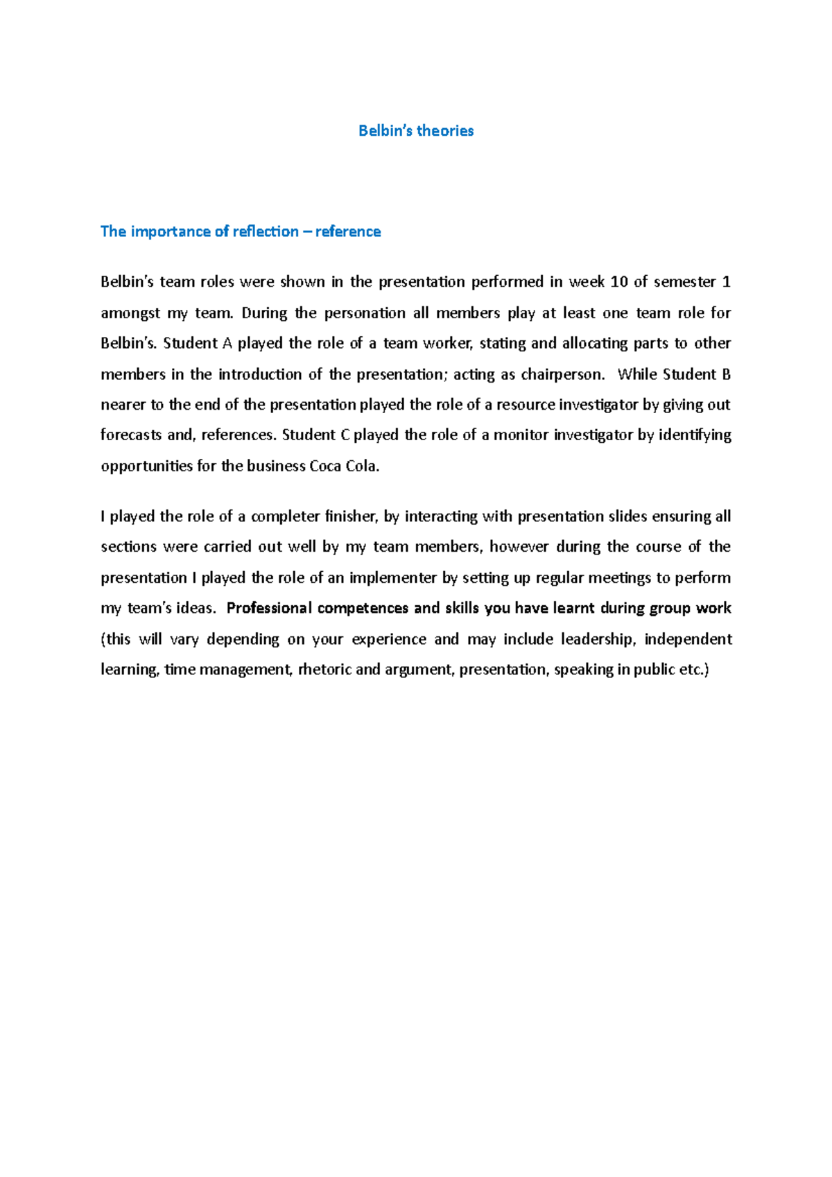 Belbin - Belbin’s theories The importance of reflection – reference ...