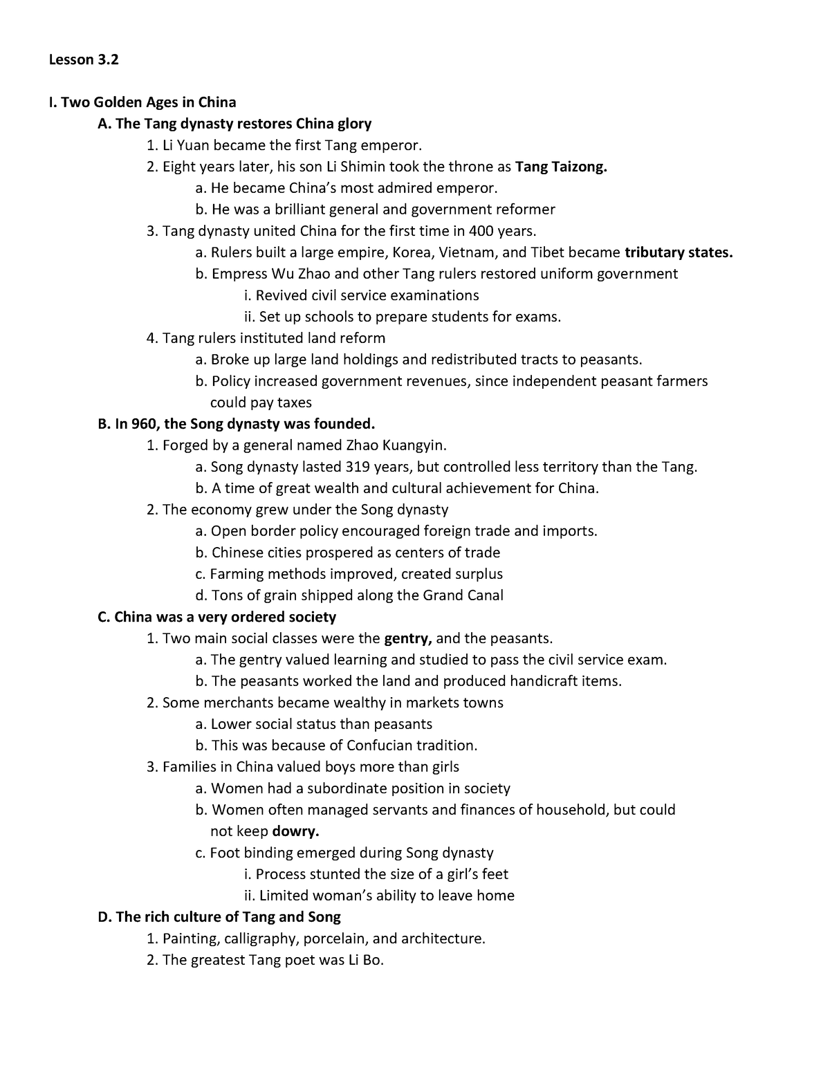 Notes 3 - Lesson 3. I. Two Golden Ages in China A. The Tang dynasty ...