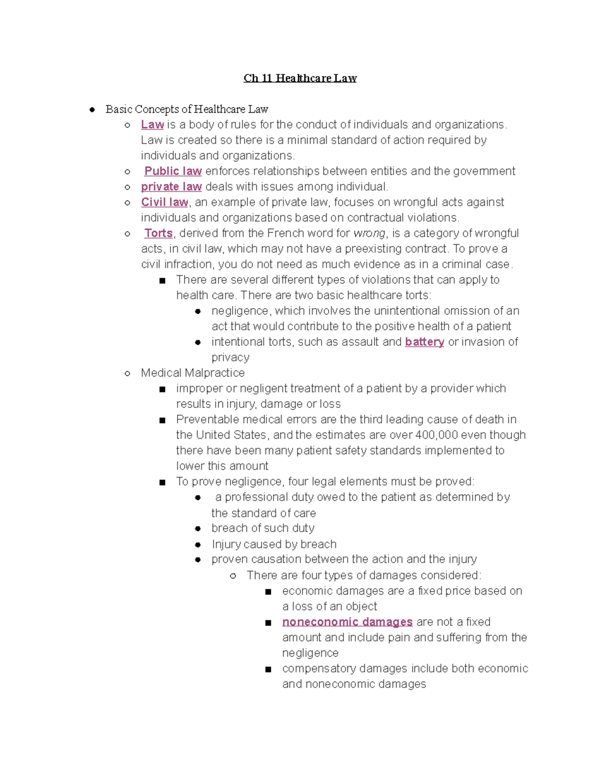 U4 Reading Notes Ch 11 Healthcare Law Basic Concepts of Healthcare
