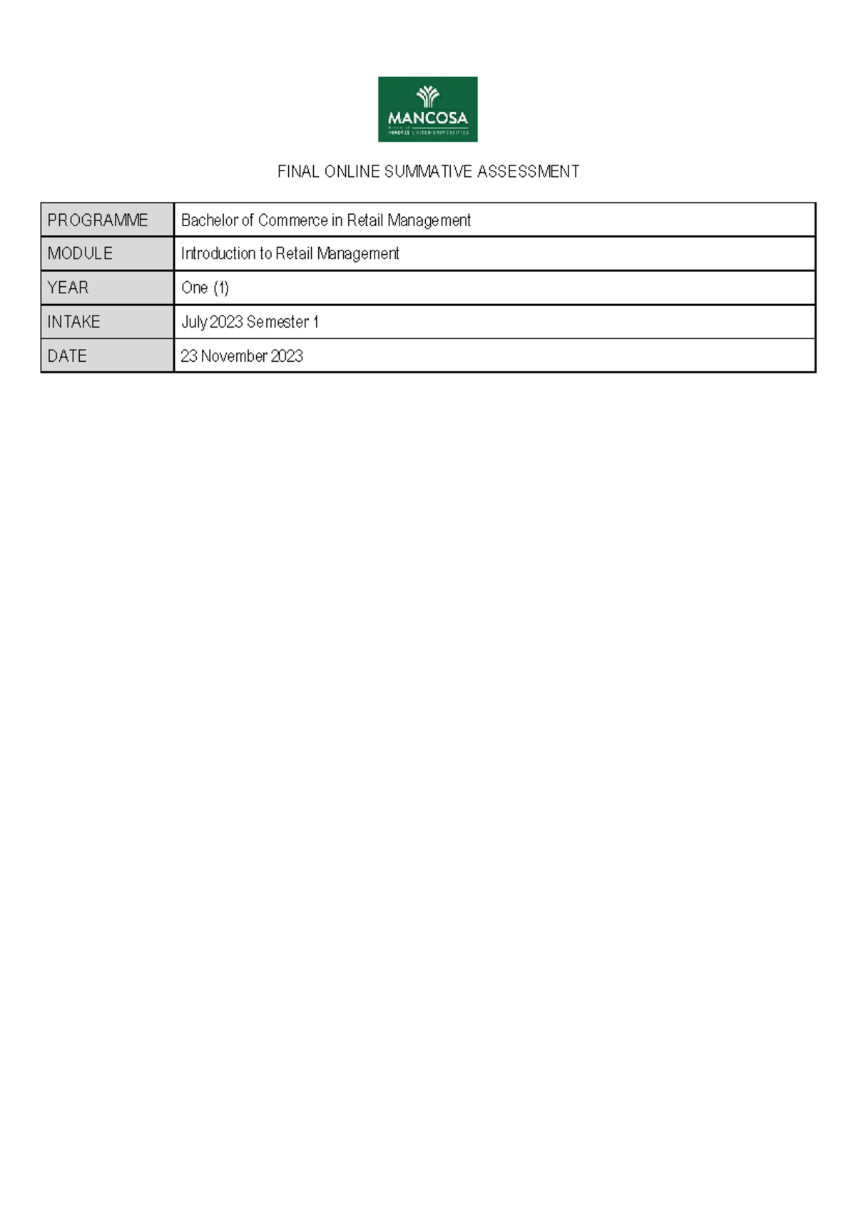 Introduction to Retail Management Final OSA Nov 2023 - FINAL ONLINE ...