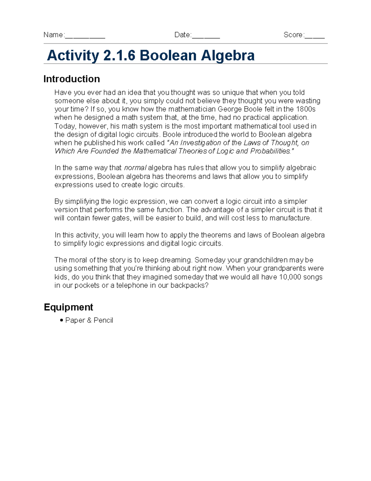 A2 1 6Boolean Algebra - Name:__________ Date:_______ Score ...