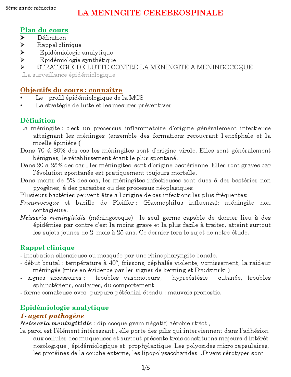 13MéningiteCérébroSpinale LA MENINGITE CEREBROSPINALE Plan du — free download