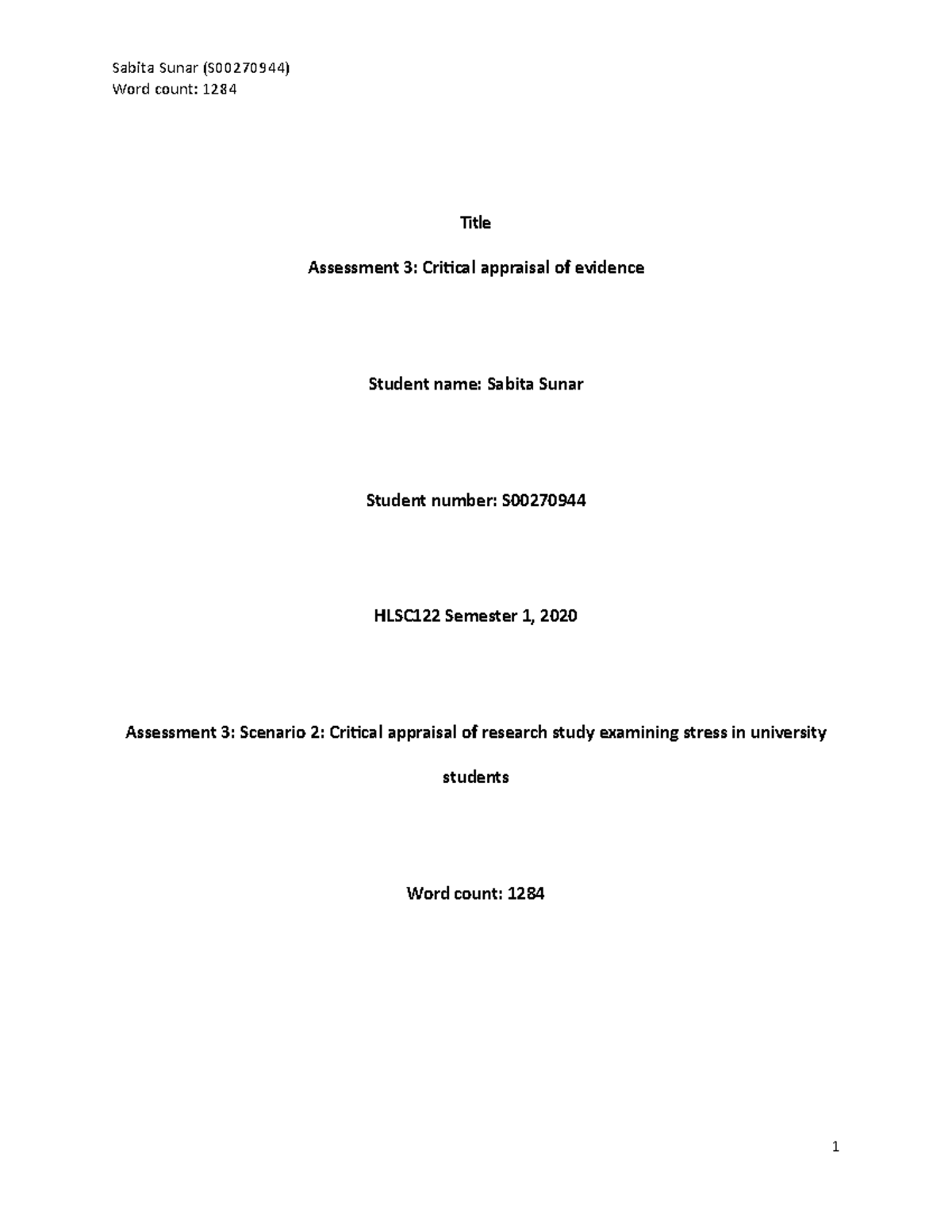 Assignment 3 - critical appraisal - Title Assessment 3: Critical ...