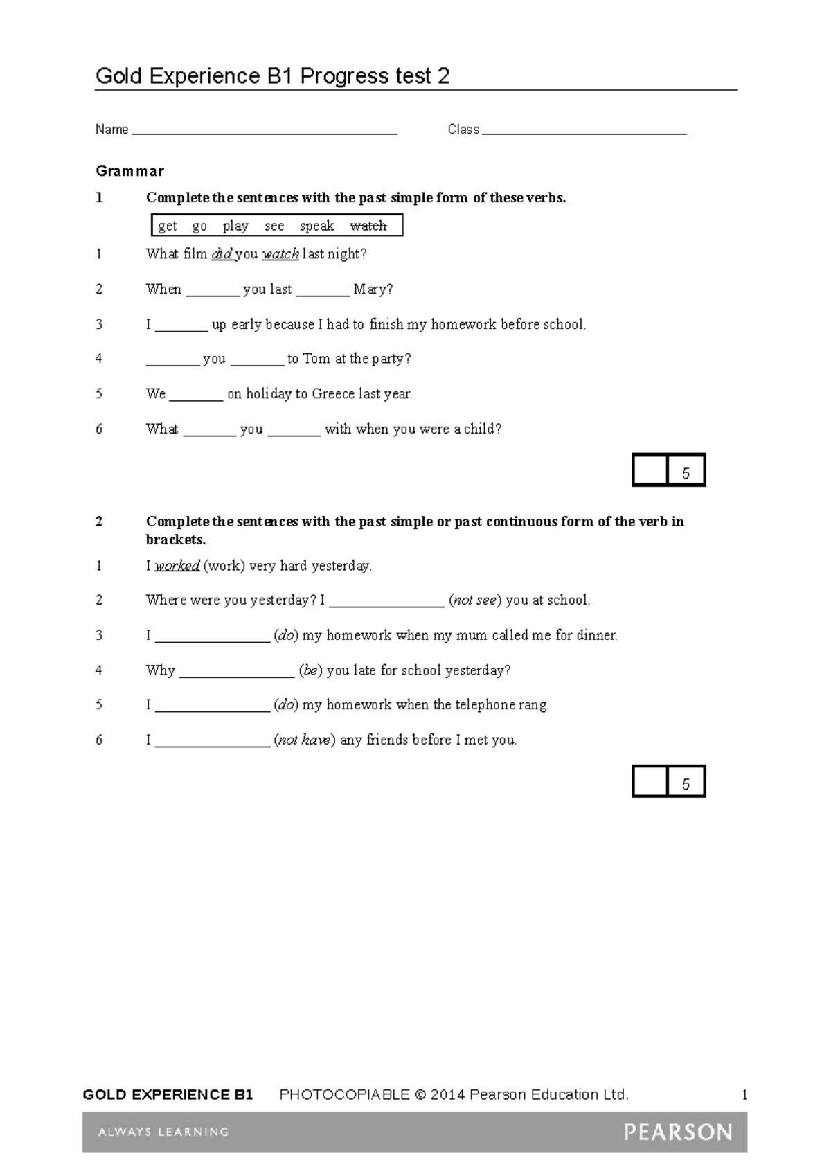 B1 Progress test 02 - Lengua extranjera I (Lengua extranjera I) - Gold ...