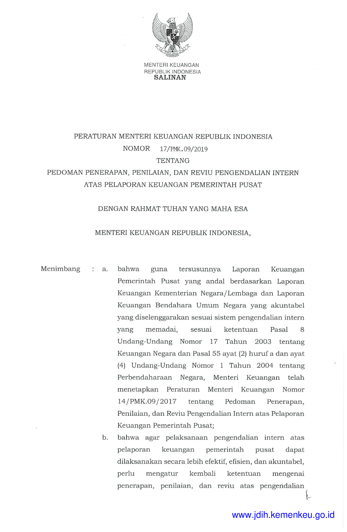 PMK 17 Tahun 2019 - MENTEHIKEUANGAN REPUBLIK INDONESIA SALINAN ...