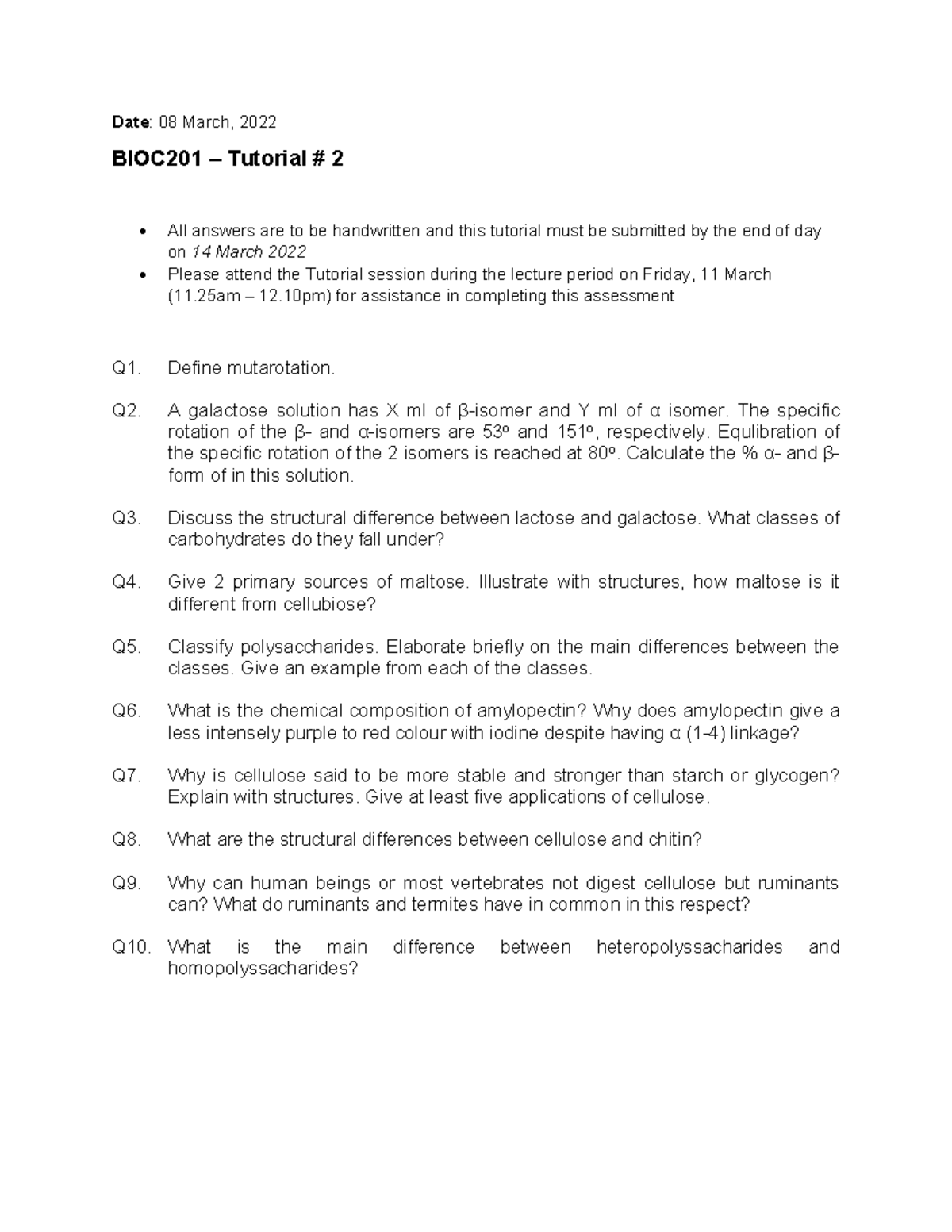 BIOC 201 - Tutorial 2 (due 14 March, 2022) Jfnefwknfl - Date : 08 March ...