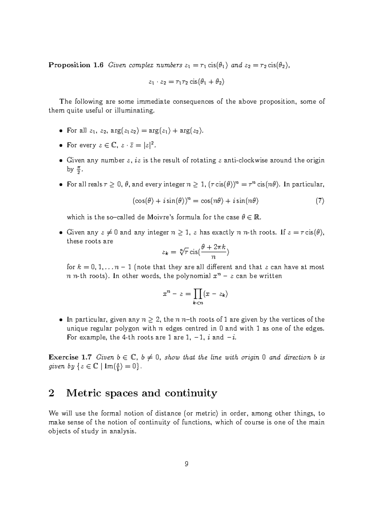 Chapter 02 Metric spaces and continuity Proposition 1 Given complex