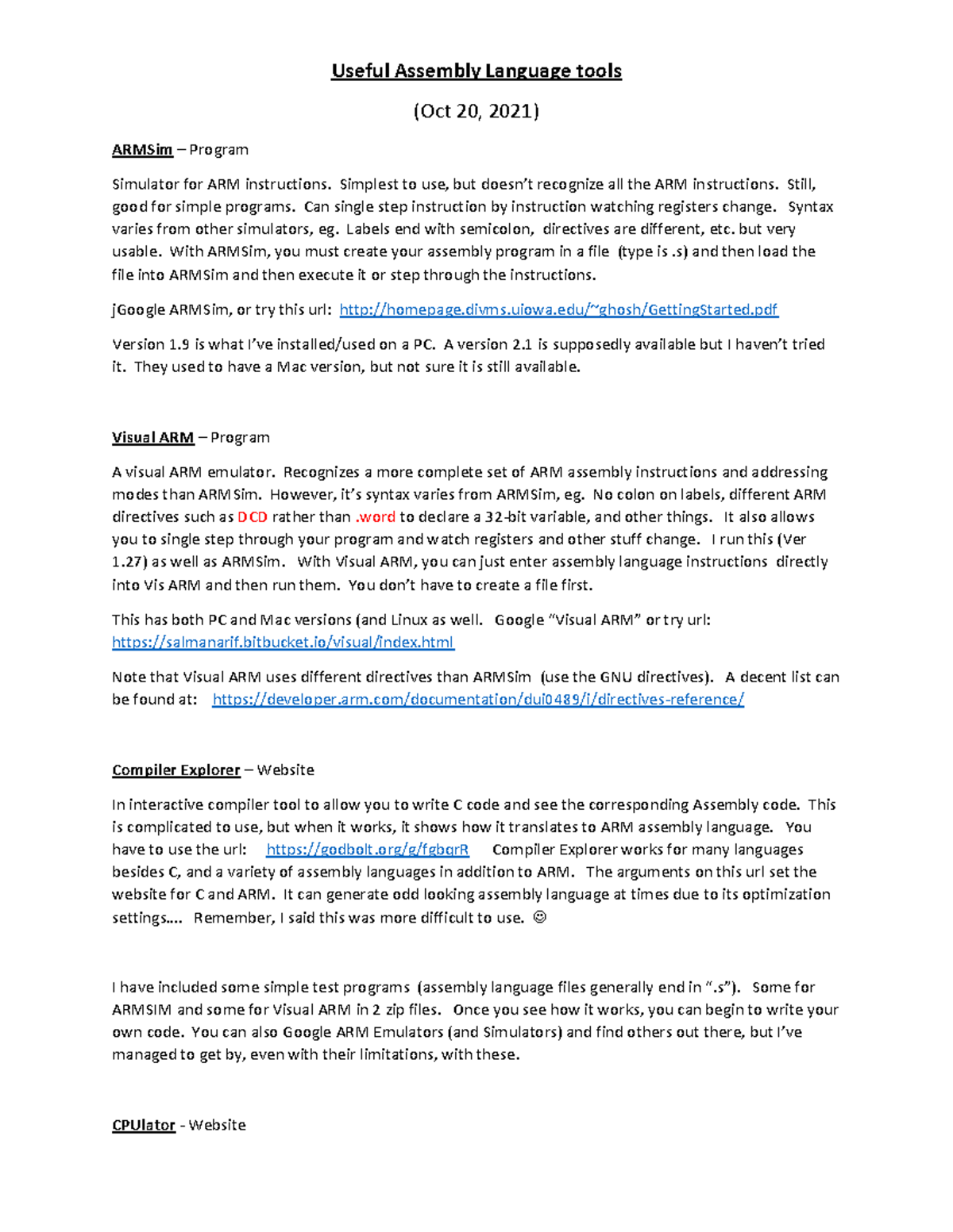 Emulator tools - Lecture material - Useful Assembly Language tools (Oct ...