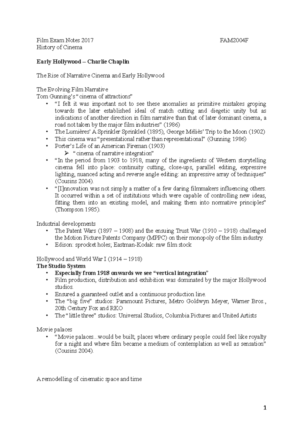Film Exam Notes 2017 - Film Exam Notes 2017 History of Cinema FAM2004F ...