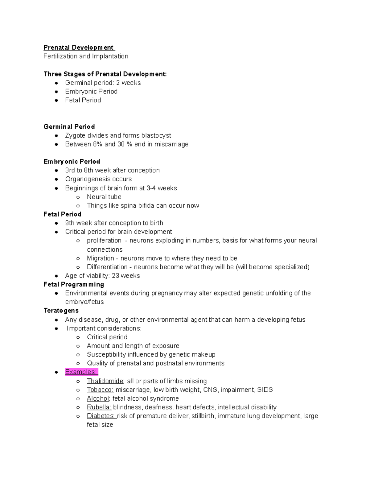 Prenatal Development - Dr. Rose - notes based on in class slides ...