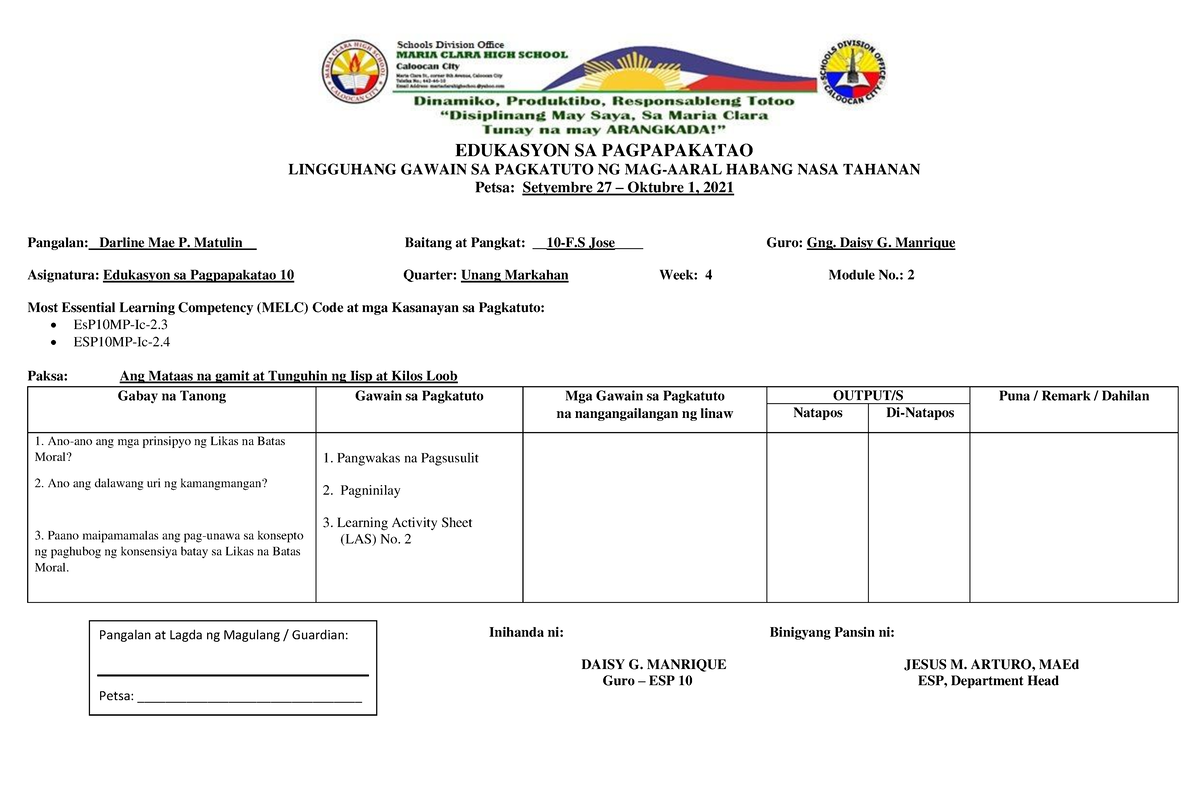 Lingguhang Gawain NG MAG Aaral Habang NASA Tahanan Aralin 2 WEEK 4 ...