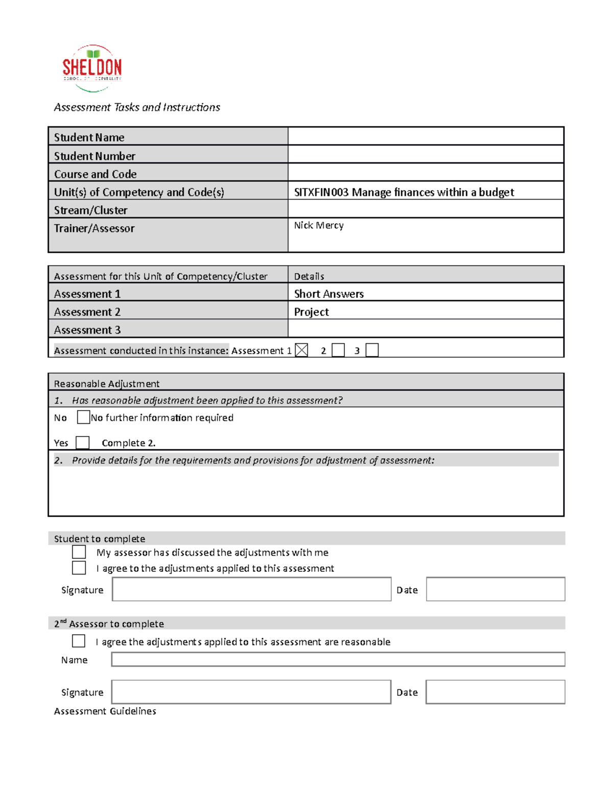 Sitxfin 003 Assessment 1 -short Answers - Assessment Tasks And 