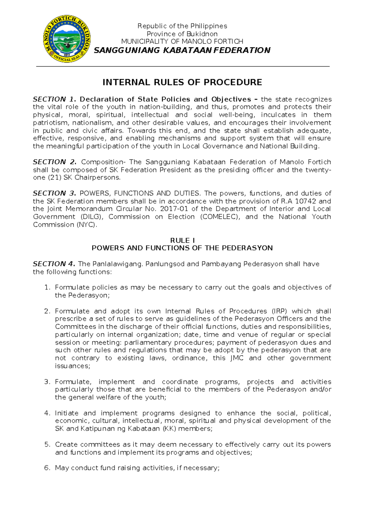 692357180 SK FED 2023 Internal Rules AND Procedures - Province of ...