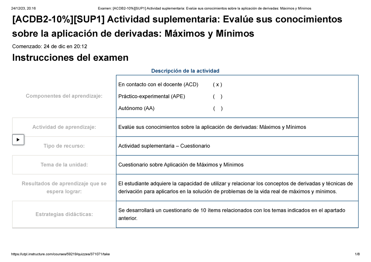 Examen Acdb Sup Actividad Suplementaria Eval E Sus Conocimientos Sobre La Aplicaci N