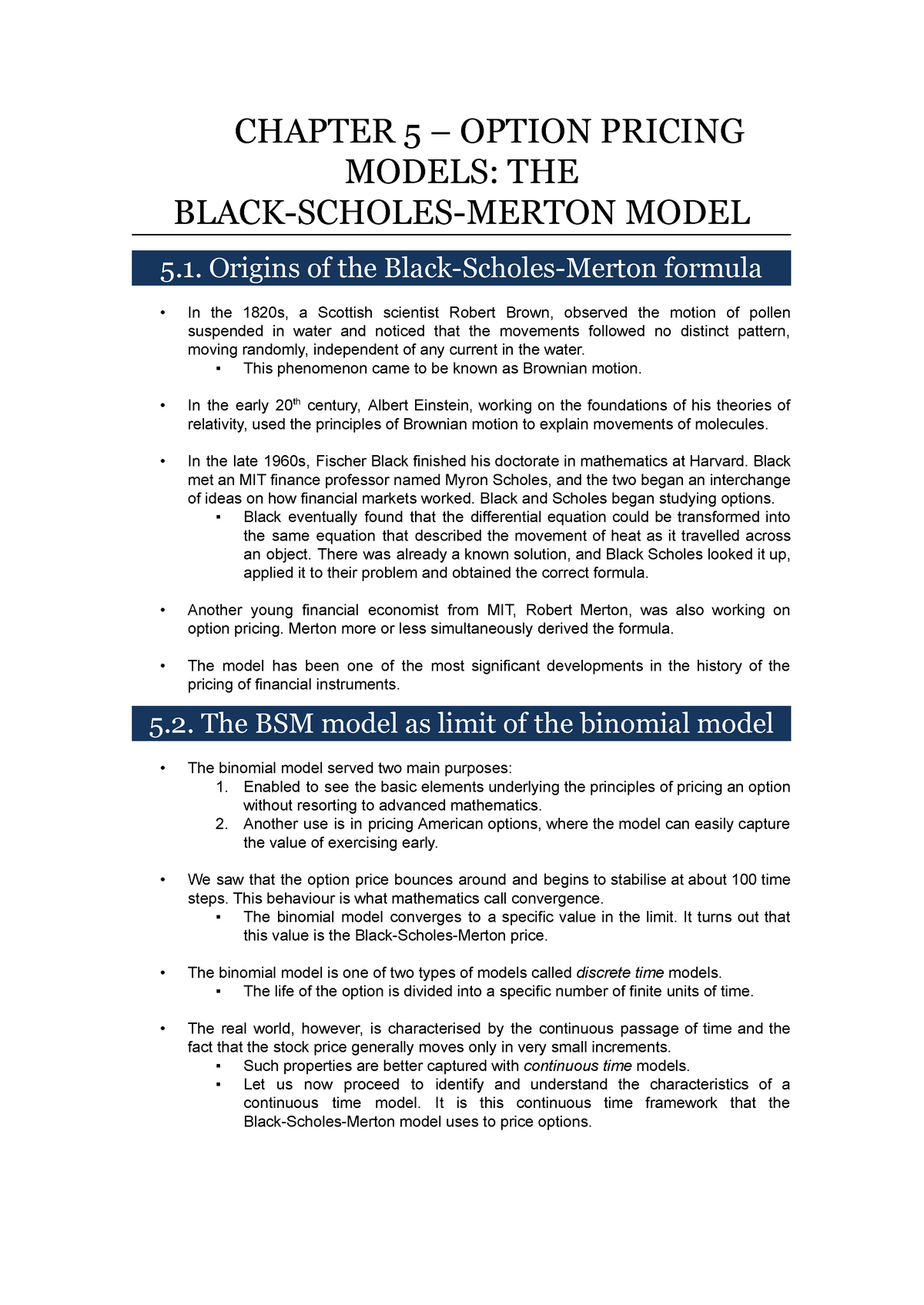 Chapter 5 - The Black-Scholes-Merton Model - CHAPTER 5 – OPTION PRICING  MODELS: THE - Studocu
