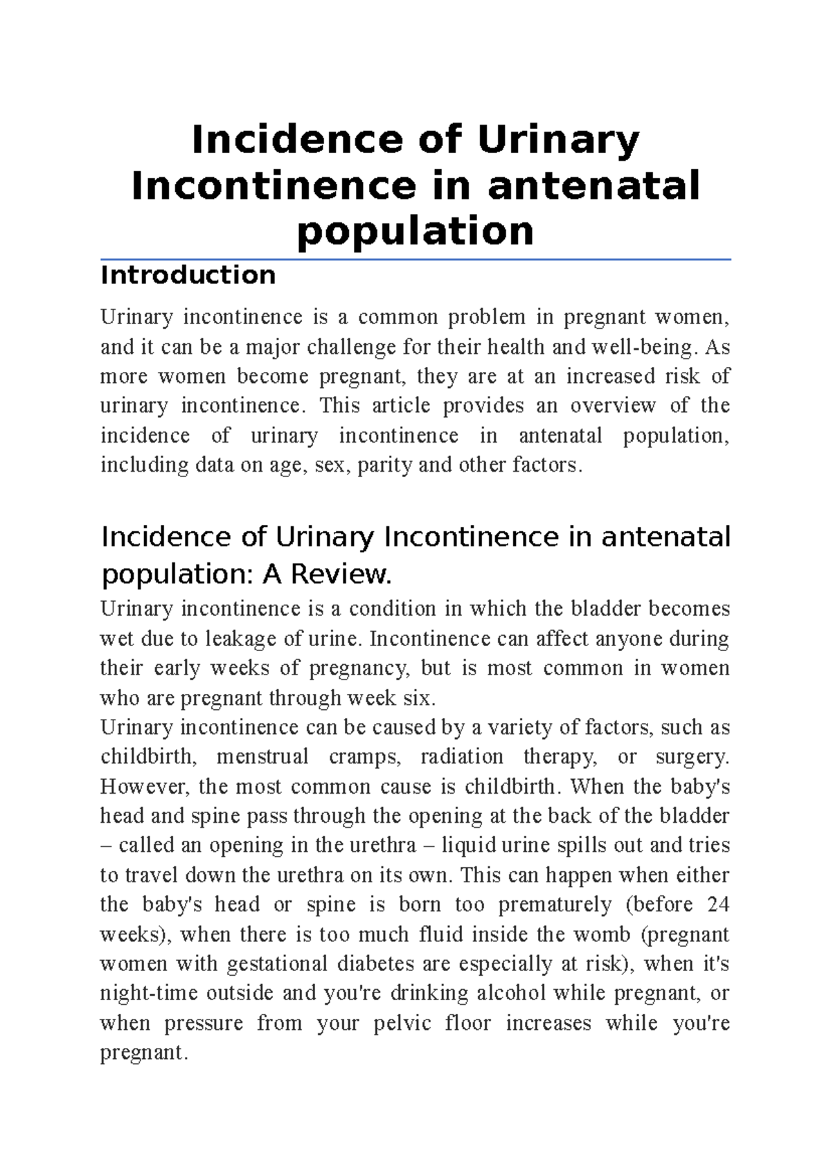 Incidence of Urinary Incontinence in antenatal population - Incidence ...