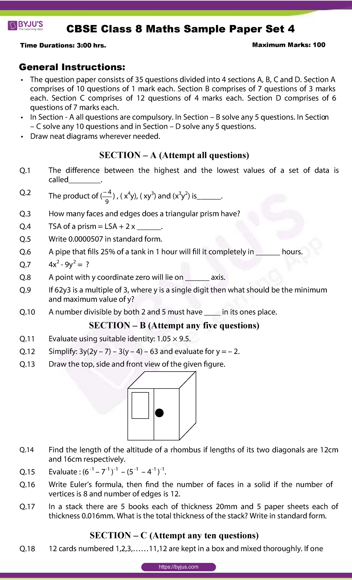 CBSE Class 8 Maths Sample Paper Set 4 - Time Durations: 3:00 hrs ...