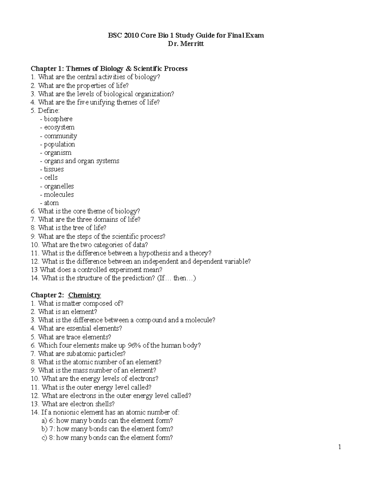 Bsc2010 Core Bio 1 Comprehensive Final Study Guide - Bsc 2010 Core Bio 