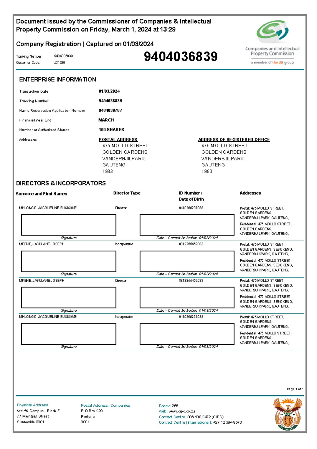 Coreg - Document issued by the Commissioner of Companies & Intellectual ...