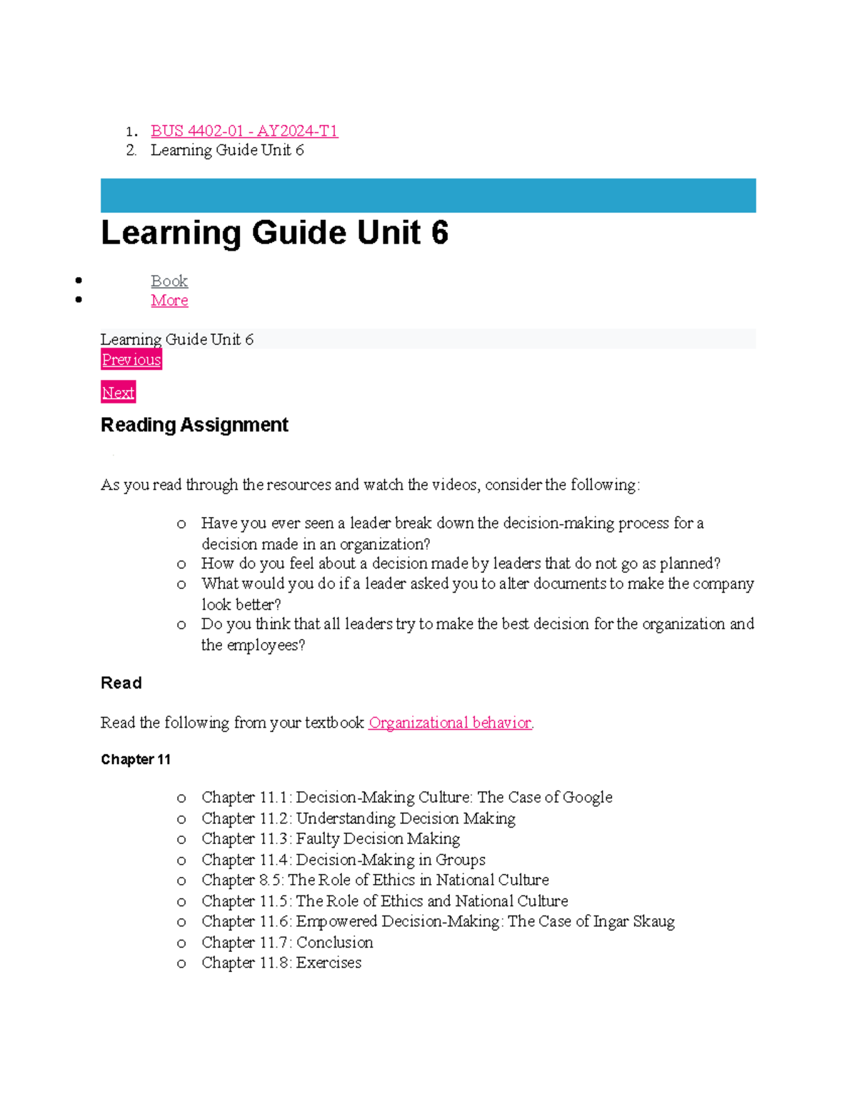 BUS 4402 Unit 6 Learning Guide - 1. BUS 4402-01 - AY2024-T 2. Learning ...