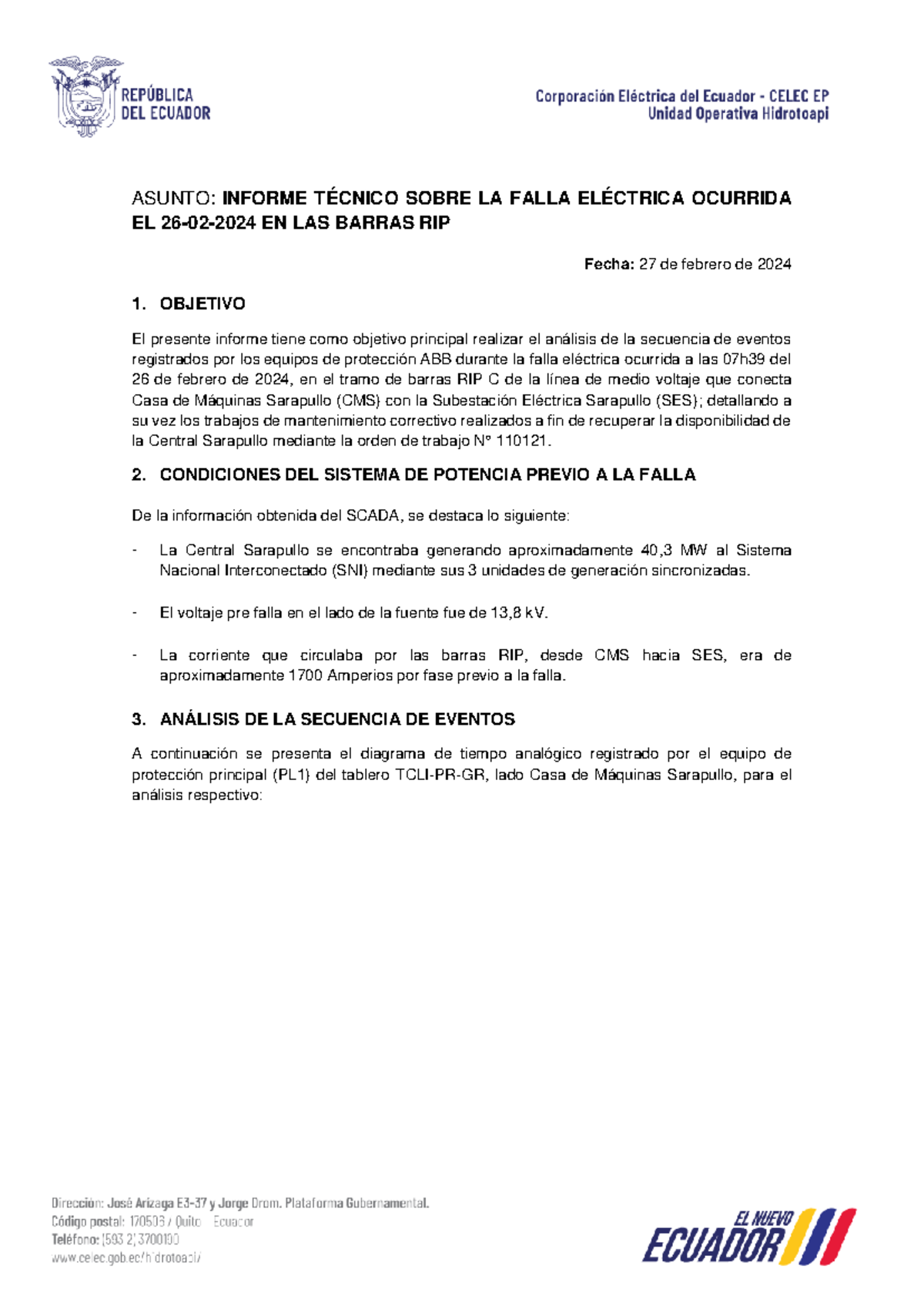 Informe Falla Barras RIP, fase A mufa 18, 2622024 ASUNTO INFORME TÉCNICO SOBRE LA FALLA