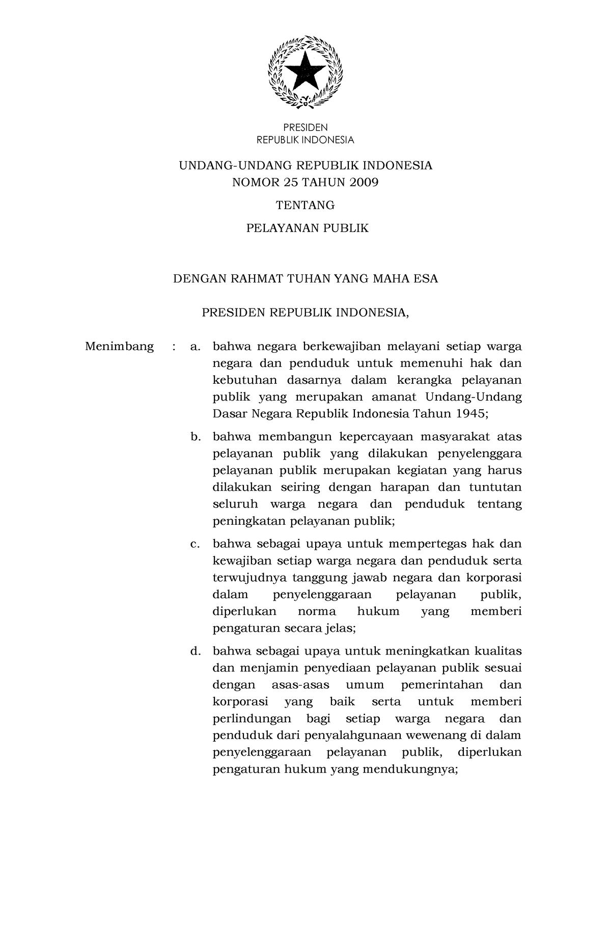 UU No 25 Thn 2009 Ttg Pelayanan Publik - REPUBLIK INDONESIA UNDANG ...