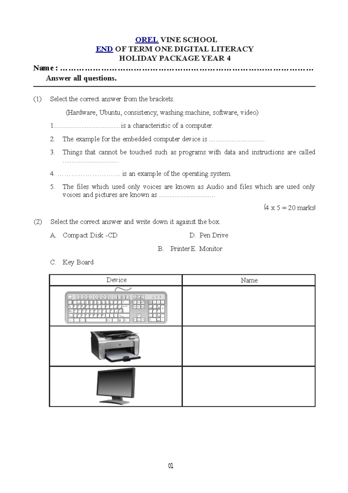 Year 4 - COMPUTING - OREL VINE SCHOOL END OF TERM ONE DIGITAL LITERACY ...
