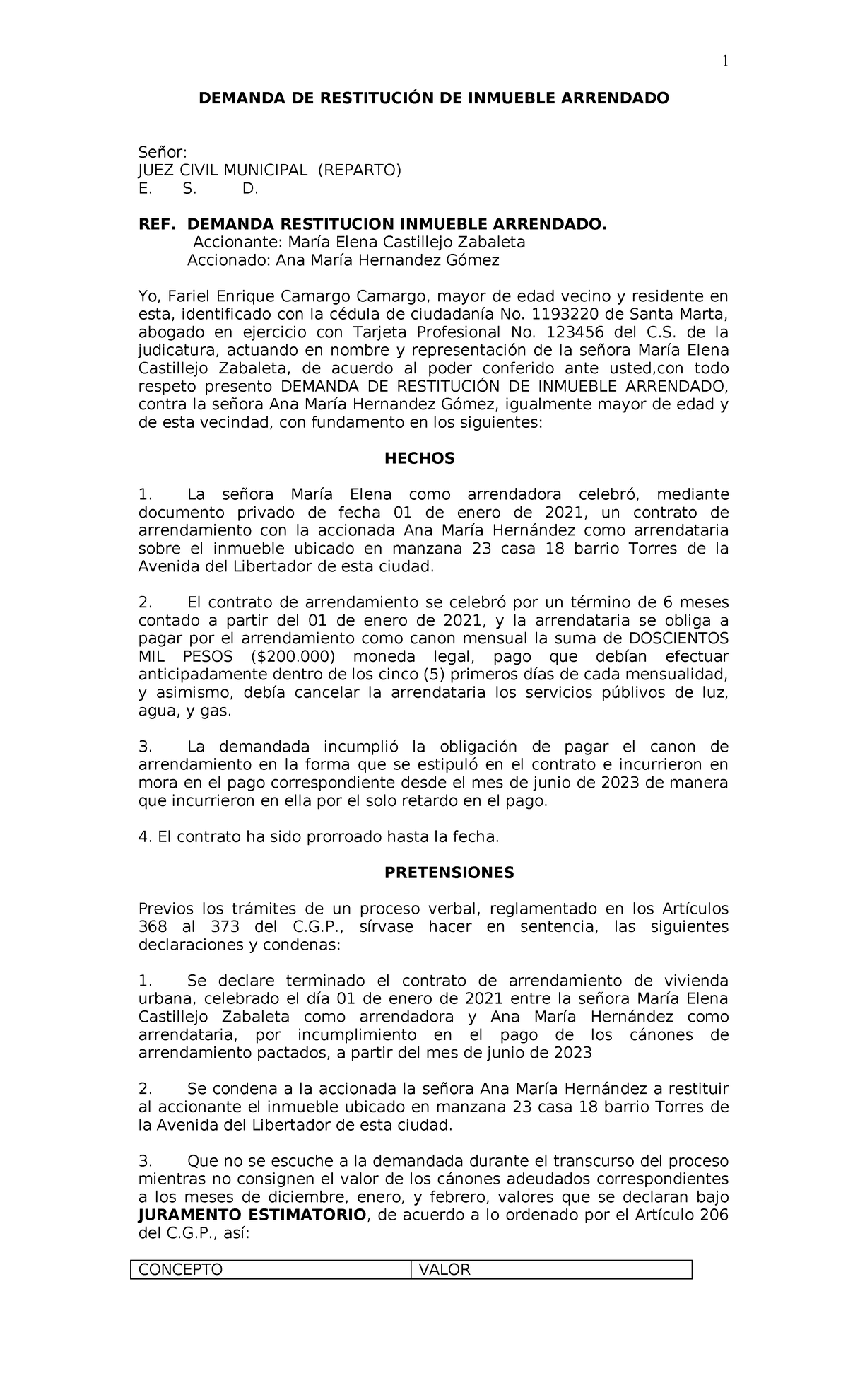 Demanda - Restitucion- Inmueble - 1 DEMANDA DE RESTITUCIÓN DE INMUEBLE ...